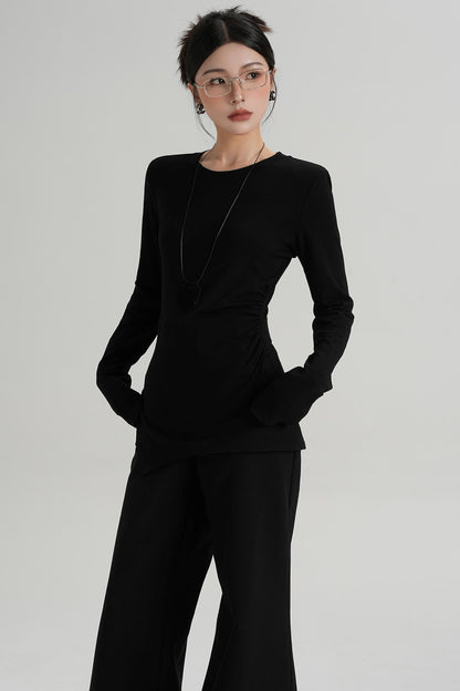 Shoulder Pads Hem Slit Long Sleeve T-shirt