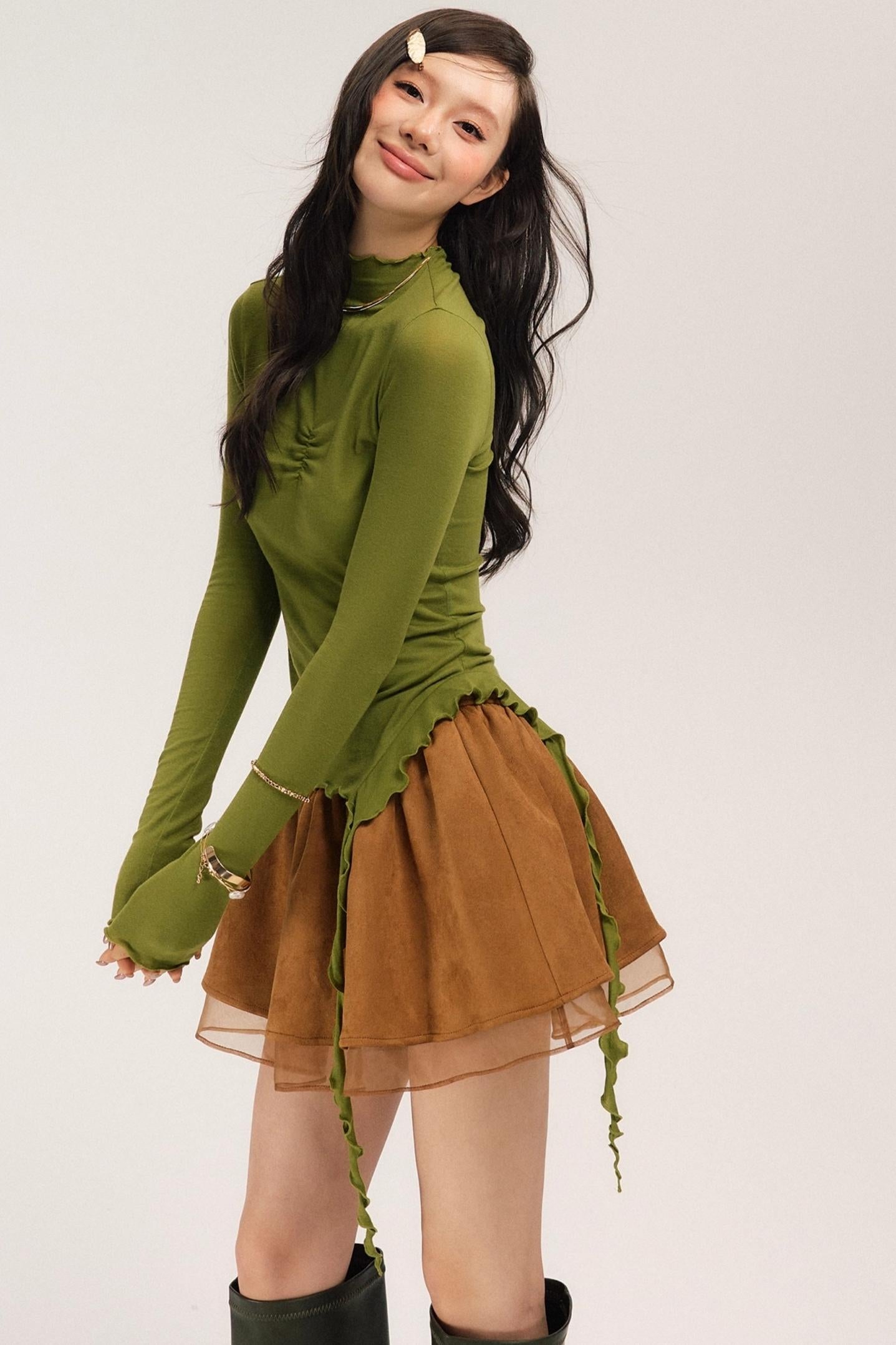 Suede Flower Bud Puffy Skirt