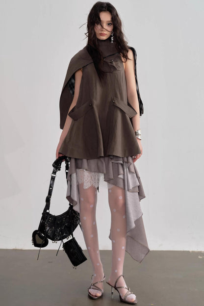 Earth-Toned Detachable Cape Dress
