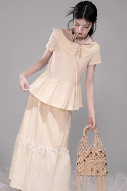 Soft Apricot Wave Layered Skirt Set