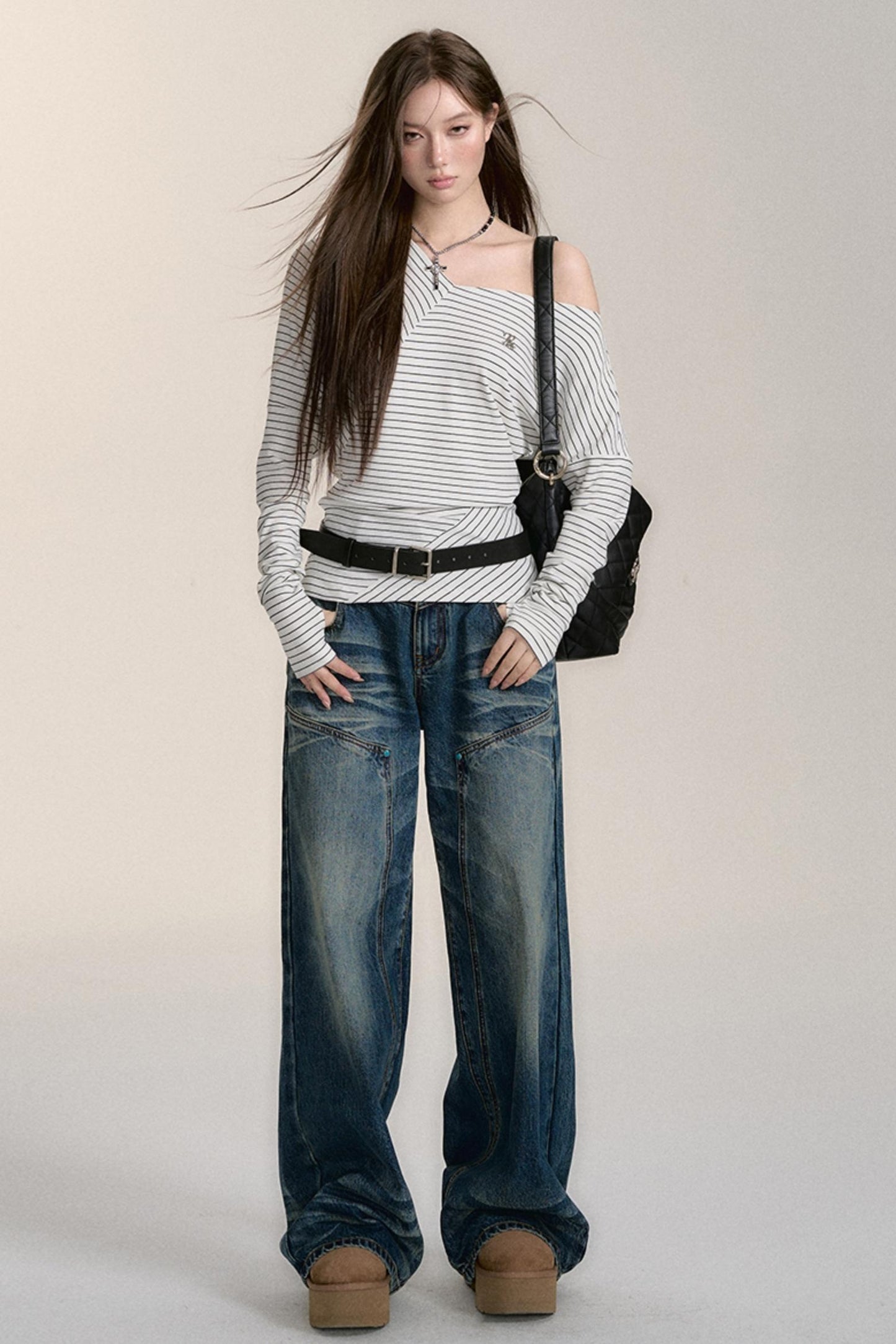 BLUE WASH DISTRESSED STRAIGHT-LEG JEANS