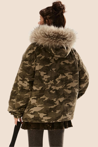 EZEK American Retro Army Green Camouflage Pelzkragen Kapuzenjacke Thickened Cotton Jacket Women's Winter New Jacket Cotton Jacket