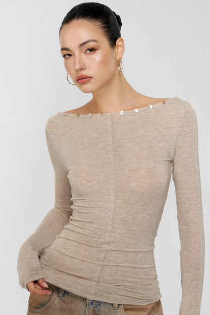 Diamond Khaki V-Neck One-Shoulder Top