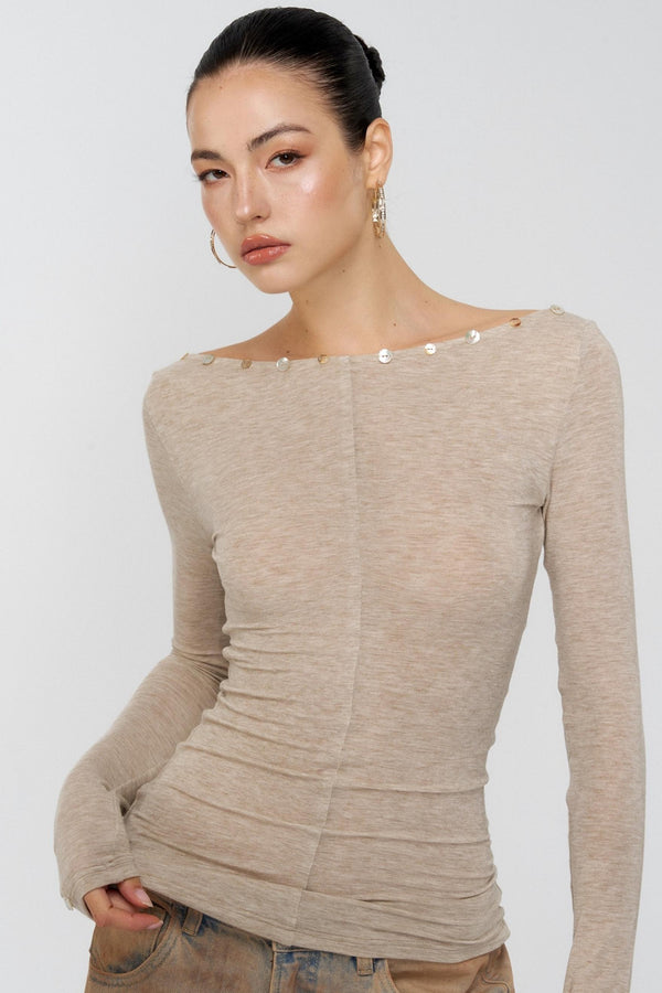 Diamond Khaki V-Neck One-Shoulder Top