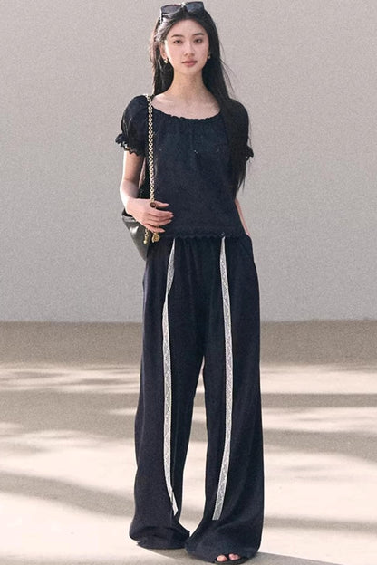 Pantalones de lino y lyocell con encaje