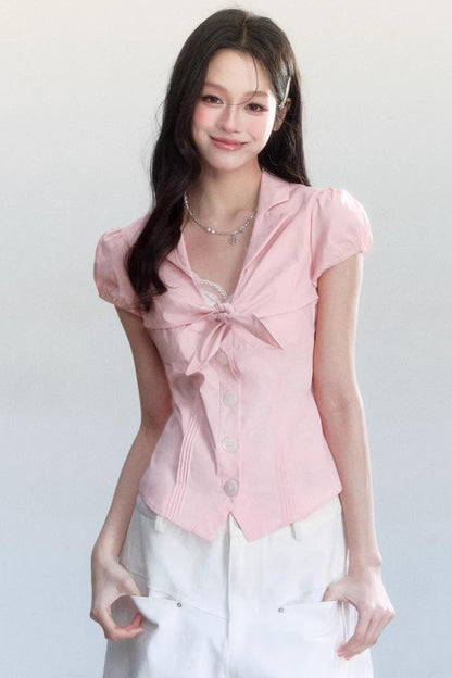 Textured Hollow-Out Tie-Up Blouse Set-Up