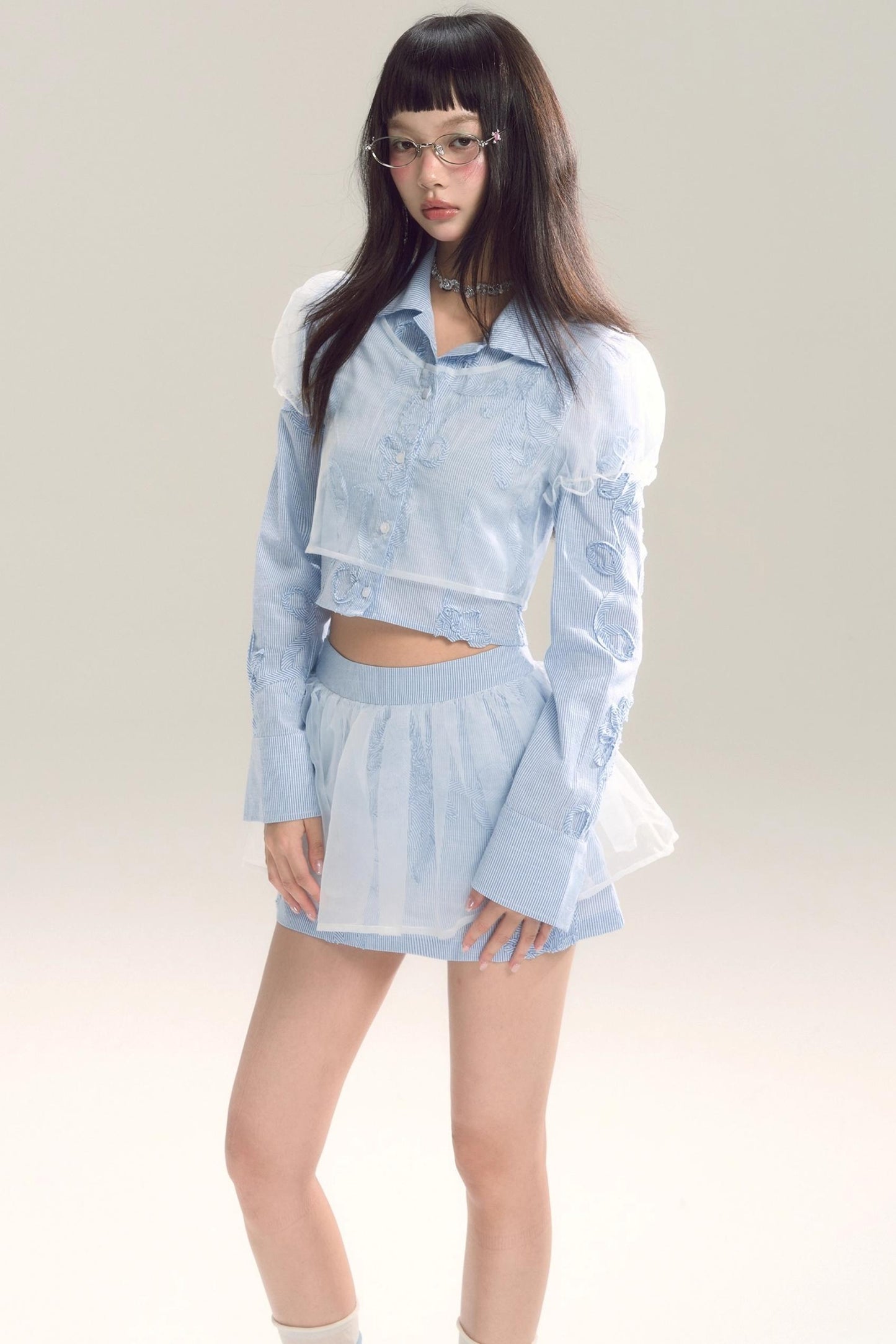 Organza Stripe Skirt Shirt Set-Up