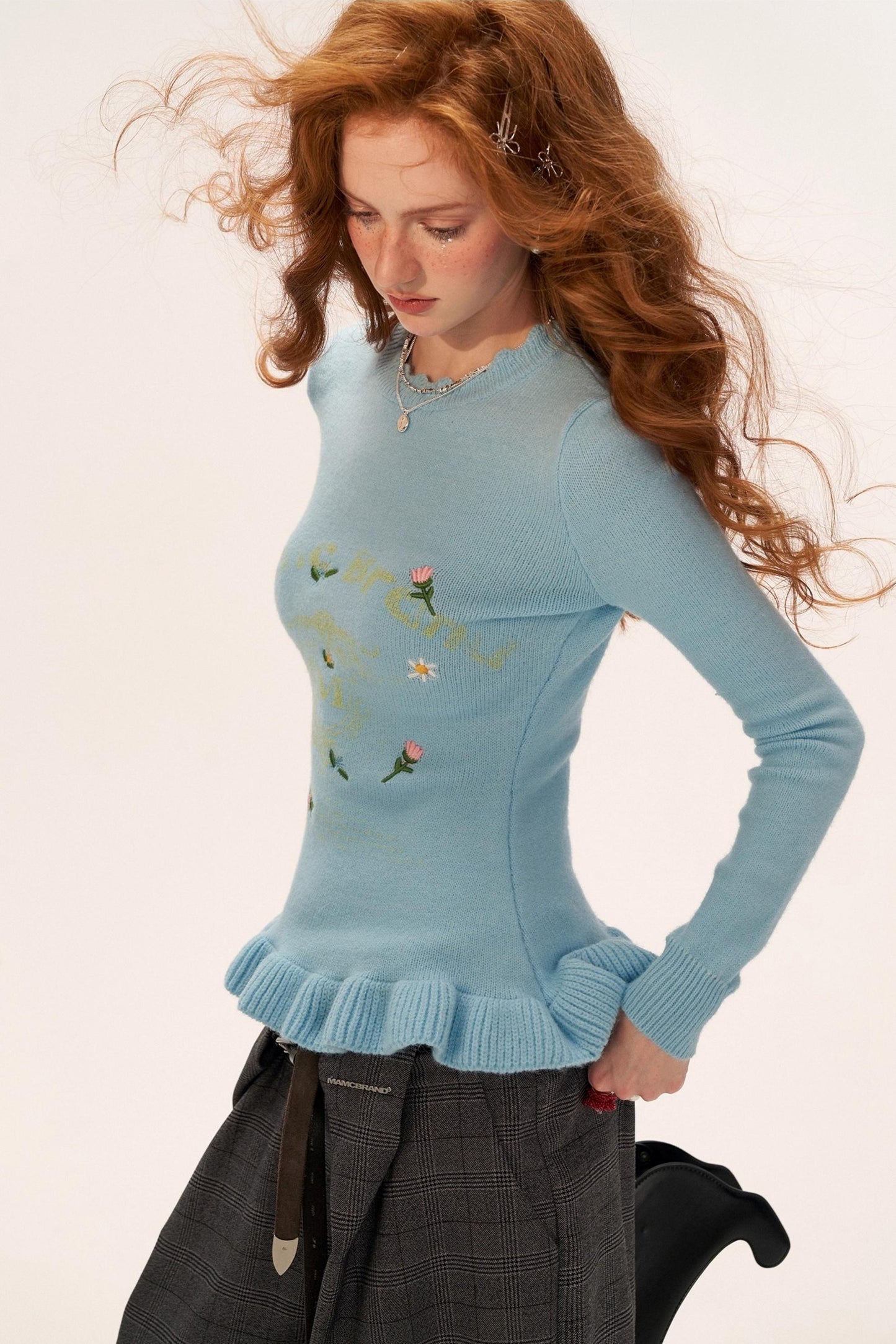 Flower Embroidery Round Neck Sweater