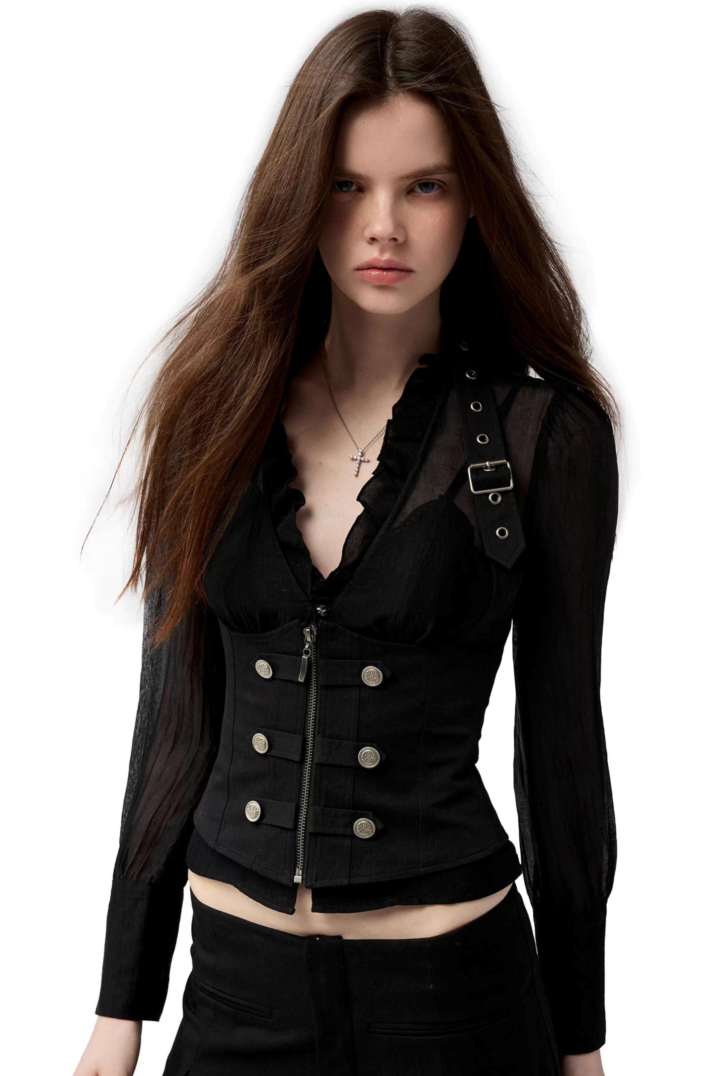 Dark Girl Ruffled Shirt Slim Set-Up