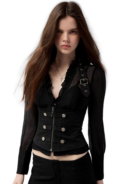 Dark Girl Ruffled Shirt Slim Set-Up