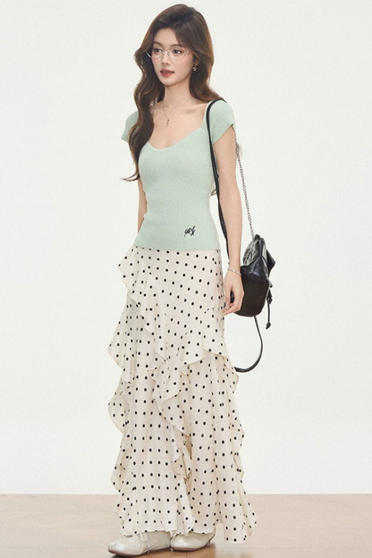 Knit Polka-Dot Top & Skirt Set-Up