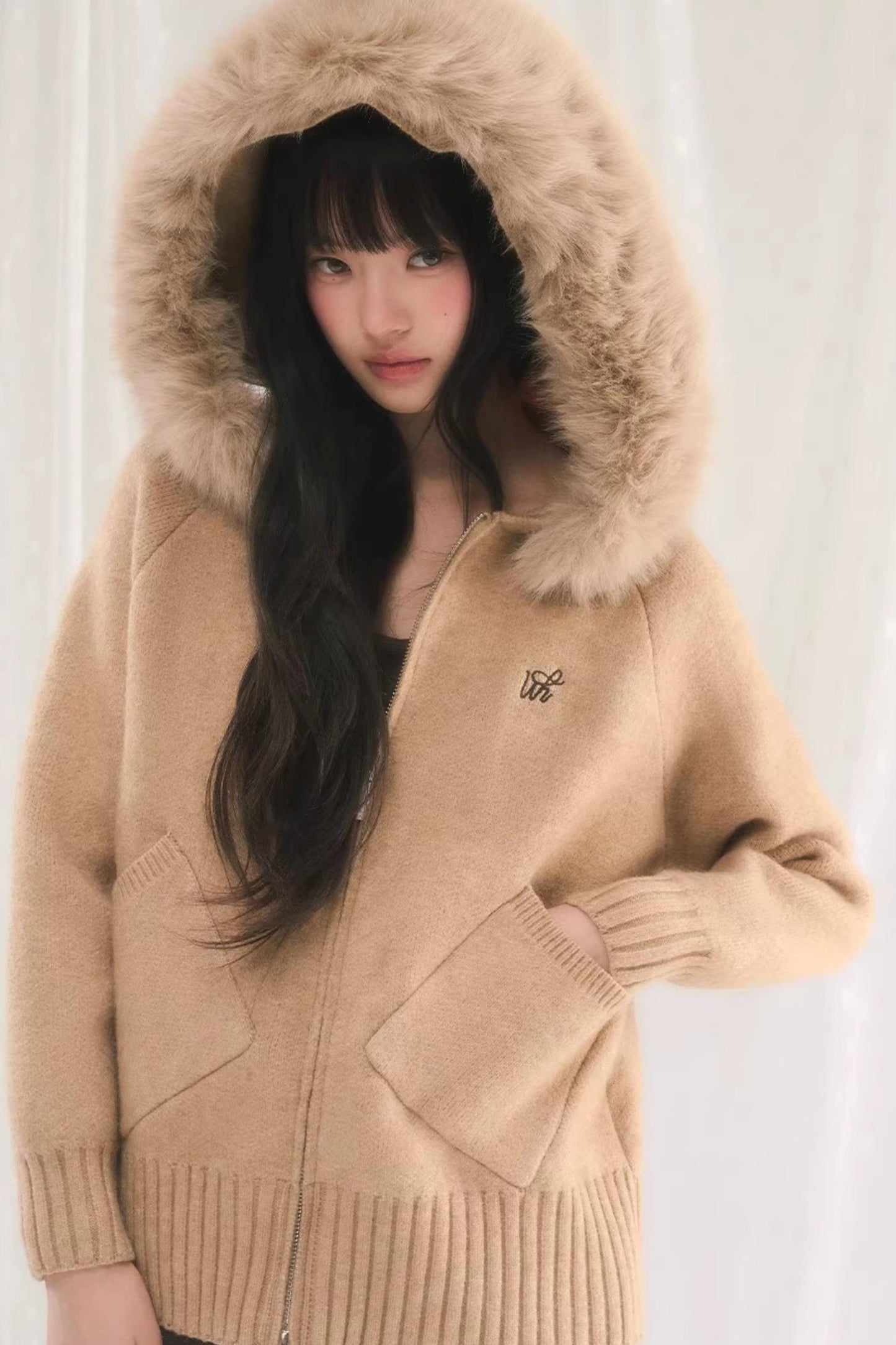 후드 니트 퍼 재킷