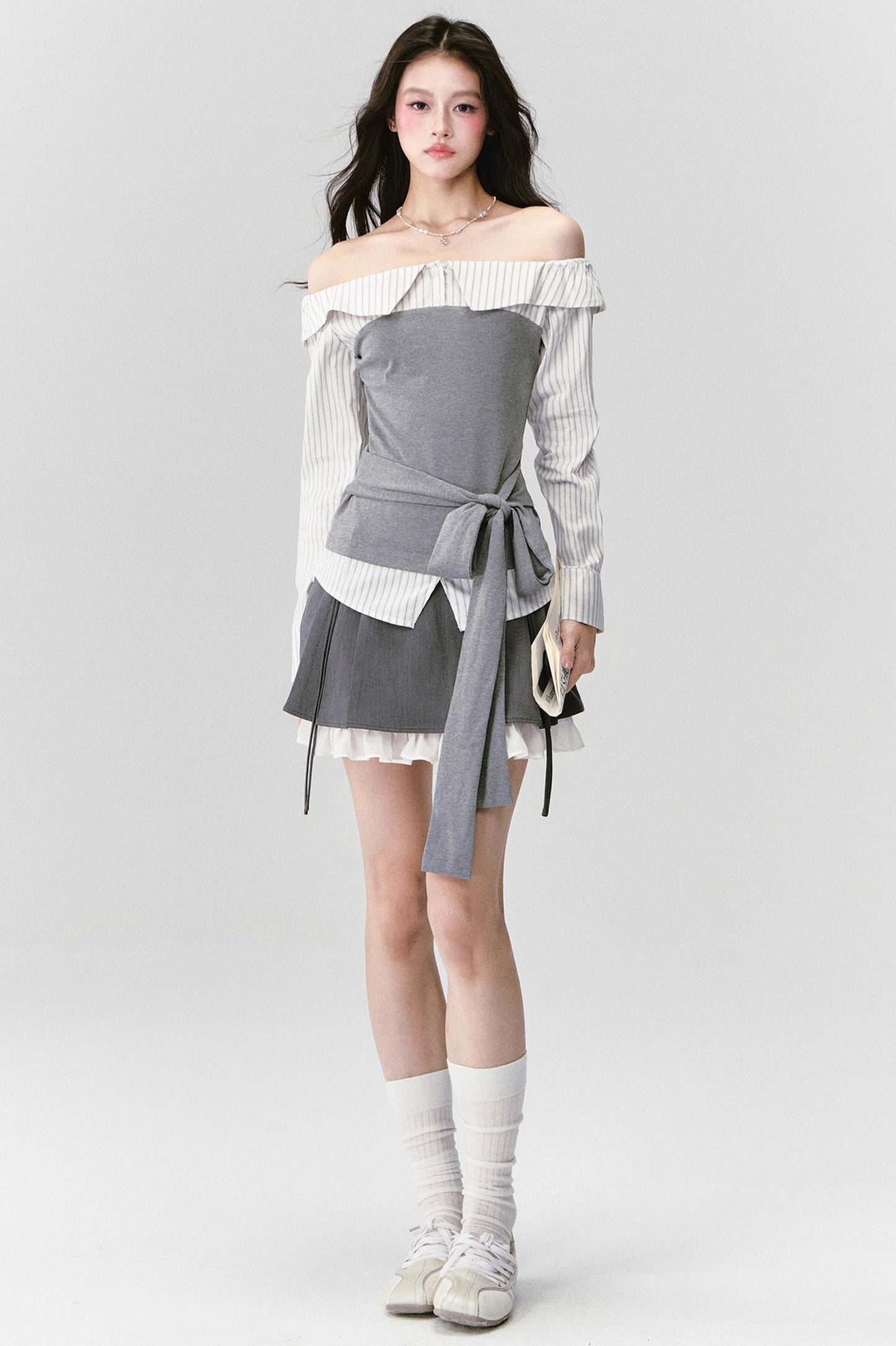 High-Intelligence Patchwork One-Shoulder Top Set-Up