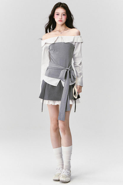 High-Intelligence Patchwork One-Shoulder Top Set-Up