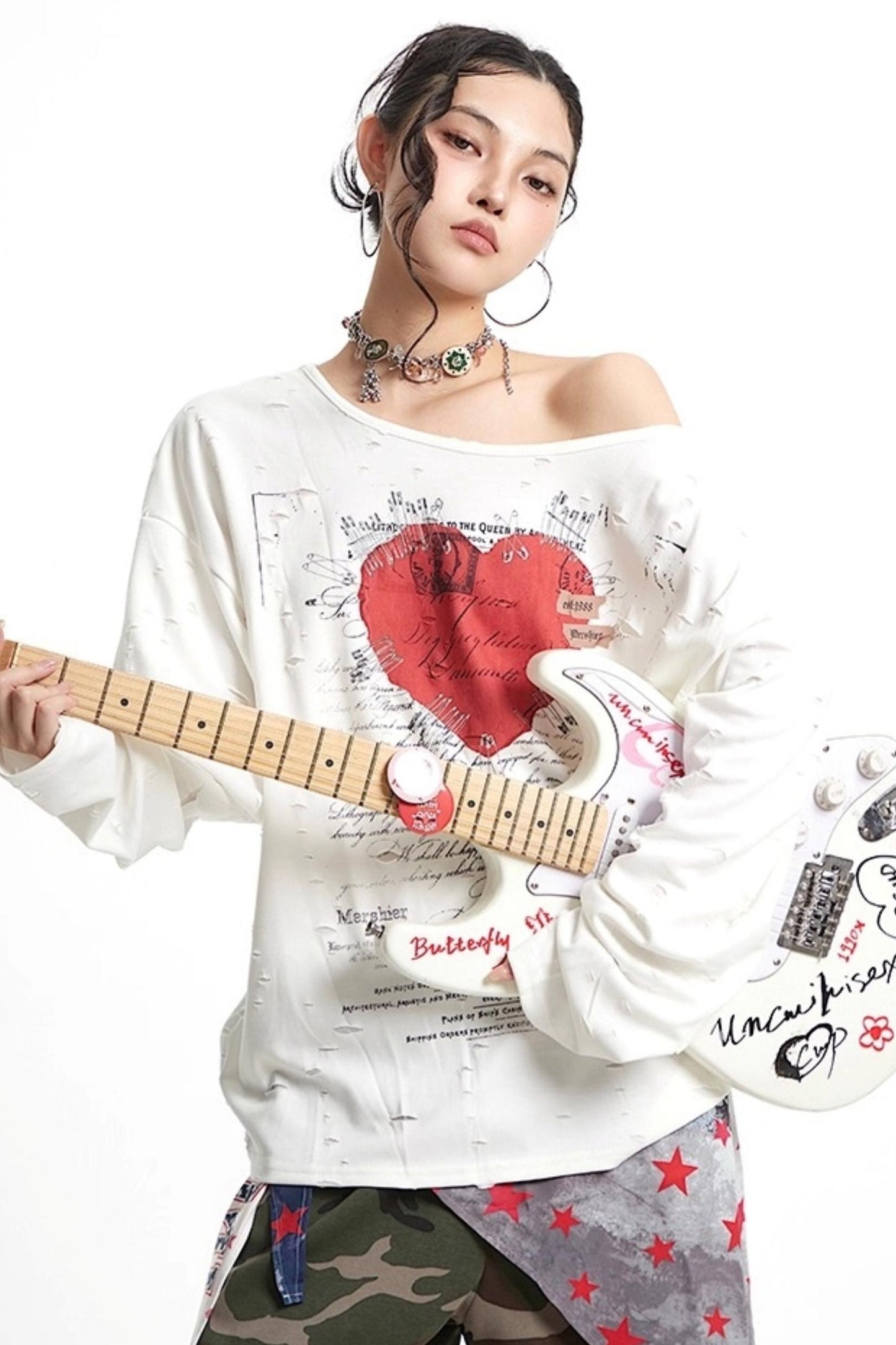 Vintage Love Print Slanted Shoulder T-Shirt