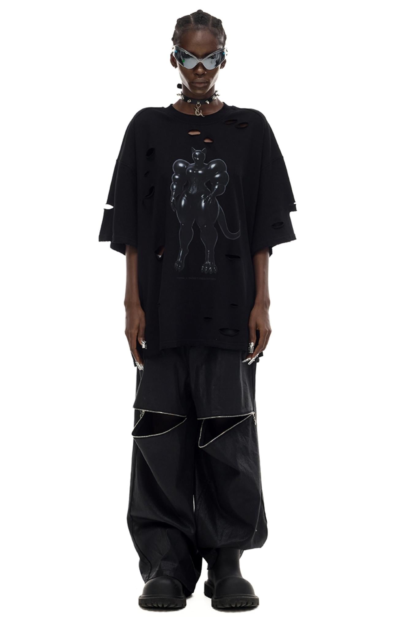 Cat Print Waist Black T-Shirt