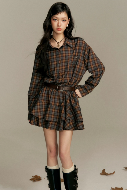 Shawl Paired Plaid Dress With Belt Set-Up
