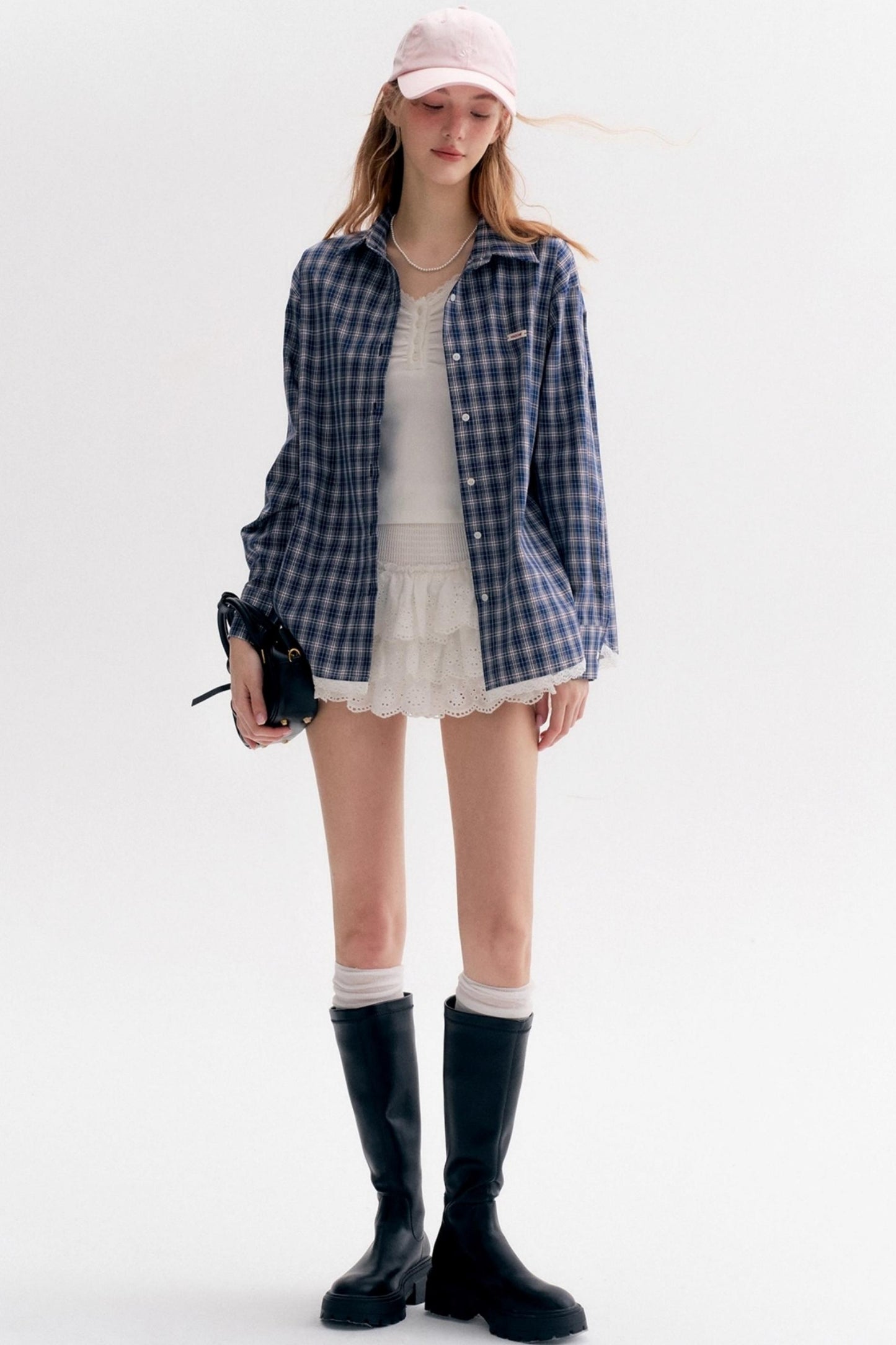 Lace Panel Check Loose Shirt Set-Up