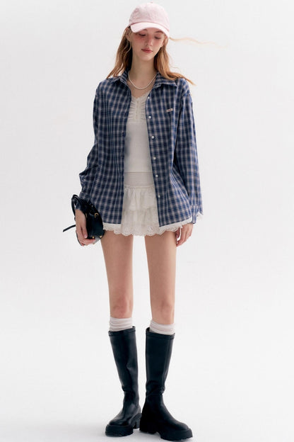 Lace Panel Check Loose Shirt Set-Up