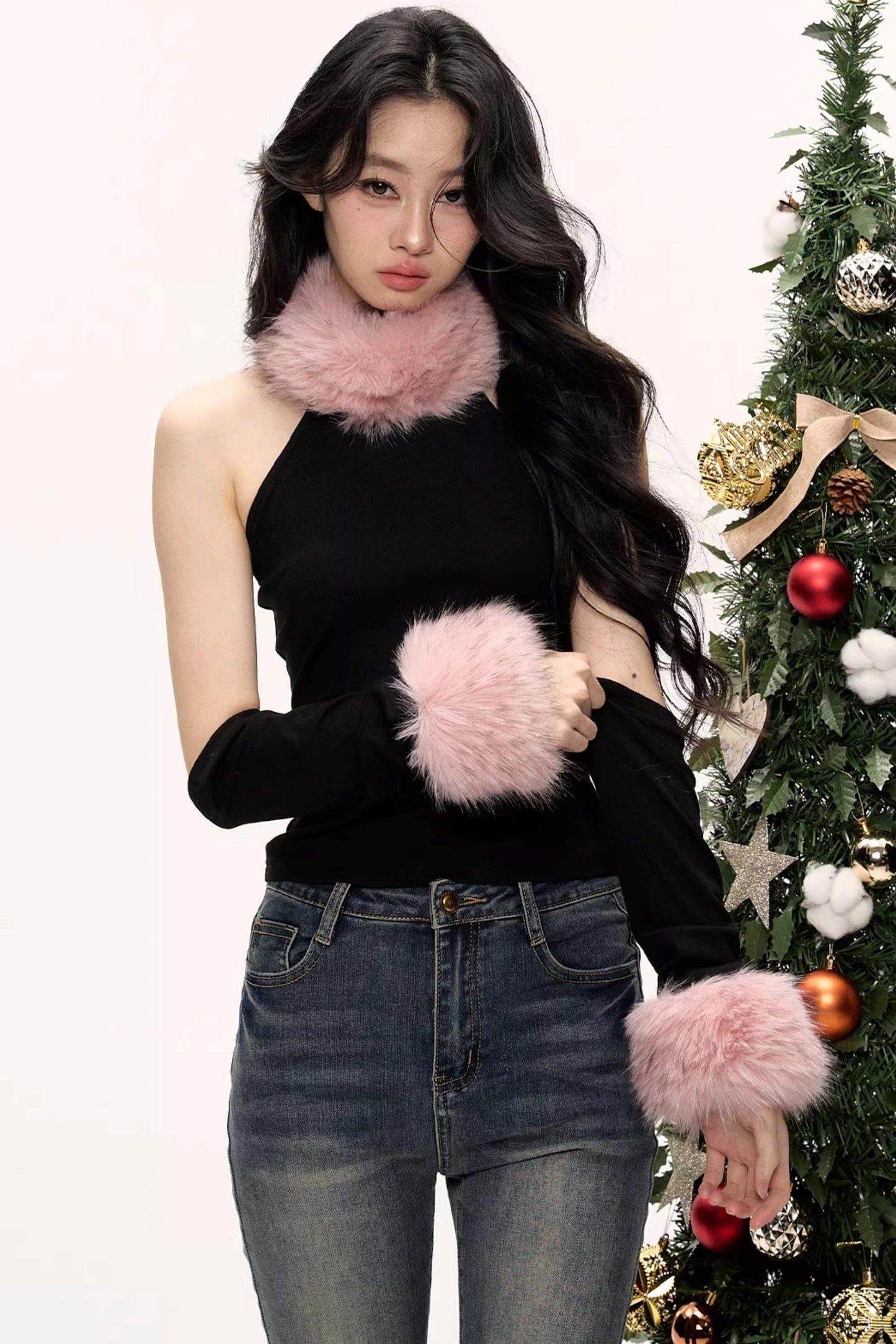 Color-Blocked Fur Collar Vest