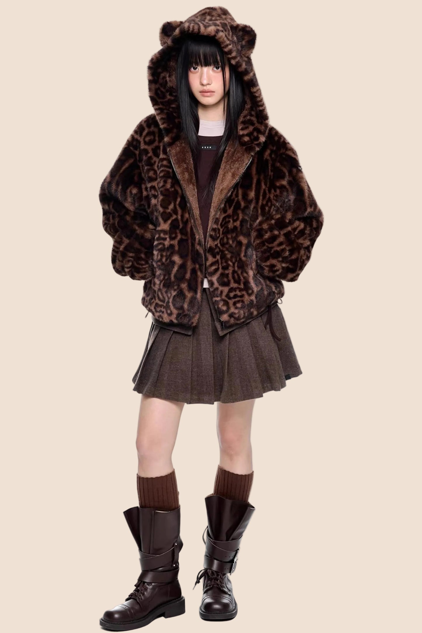 Leopard Print Hooded Furry Cotton Jacket