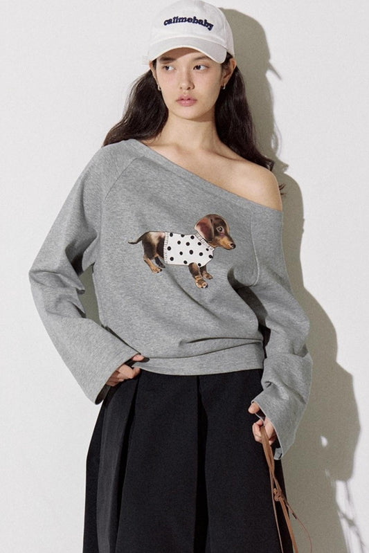 Puppy Print Slanted Shoulder T-shirt