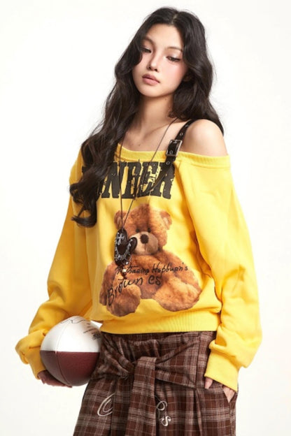 Retro Off-Shoulder Bear Sweatshirt