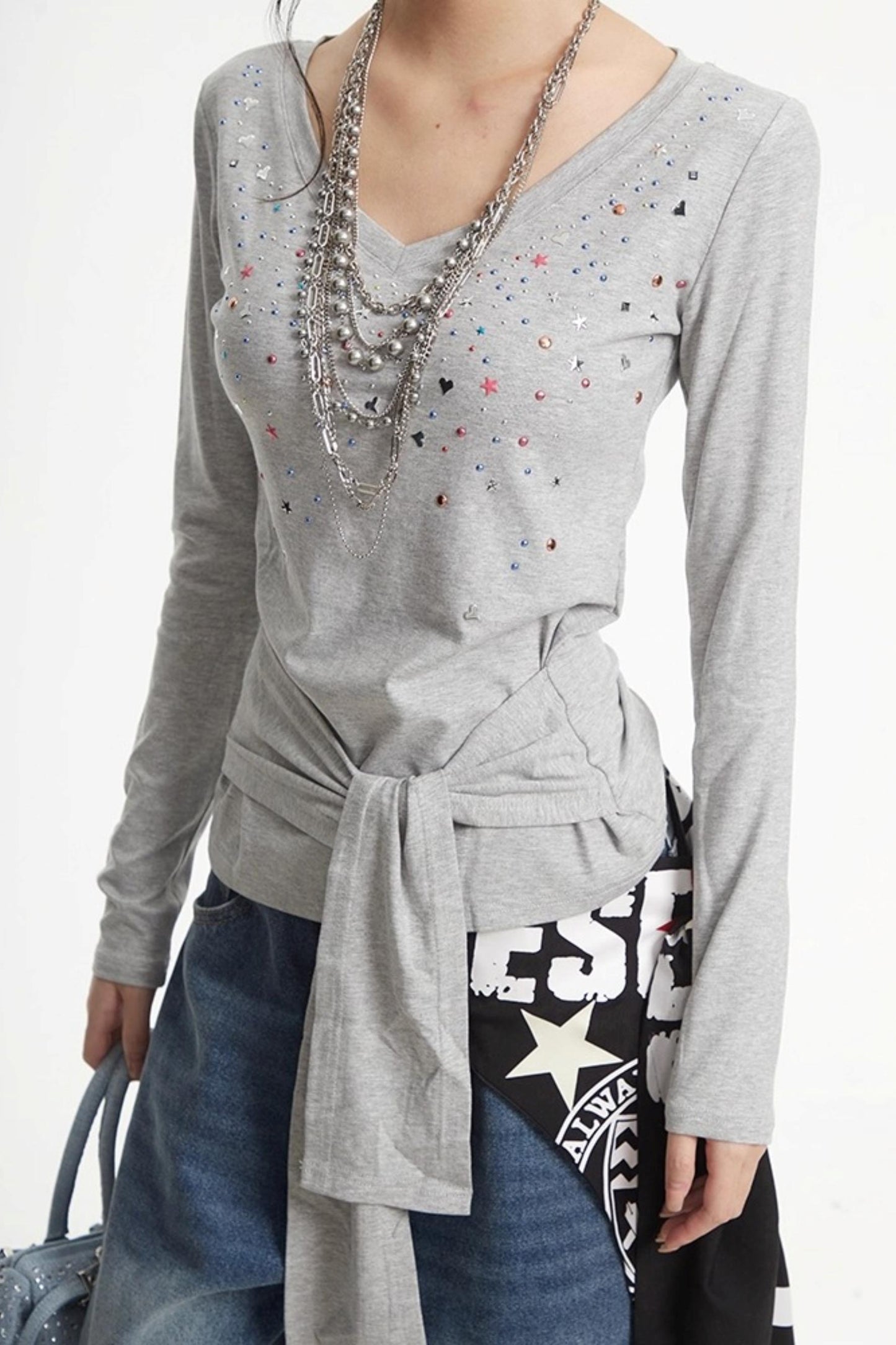 White Hot Girl V-Neck Long Sleeve T-Shirt