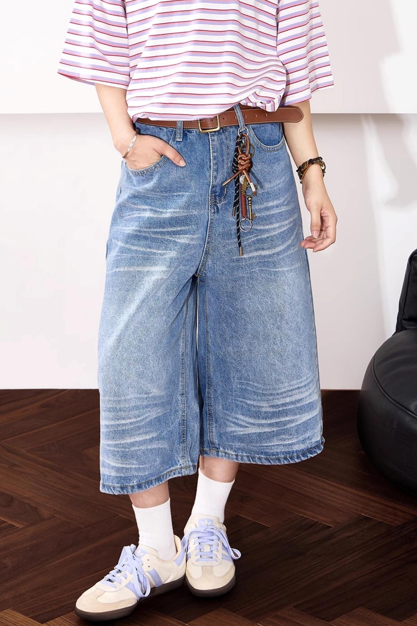 High-Waisted Whisker Denim Shorts