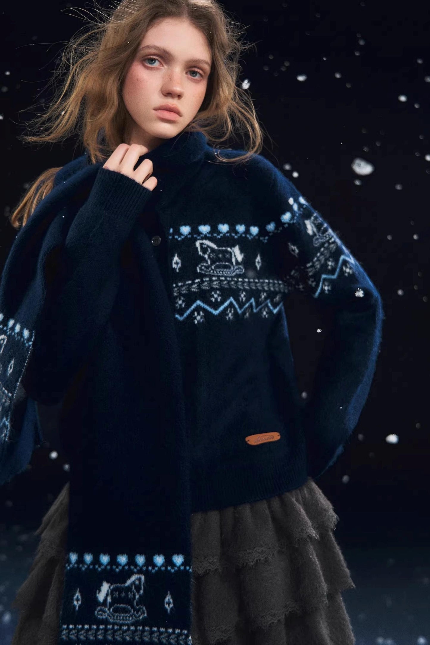 Fair Isle Scarf Cardigan Two-Piece Set