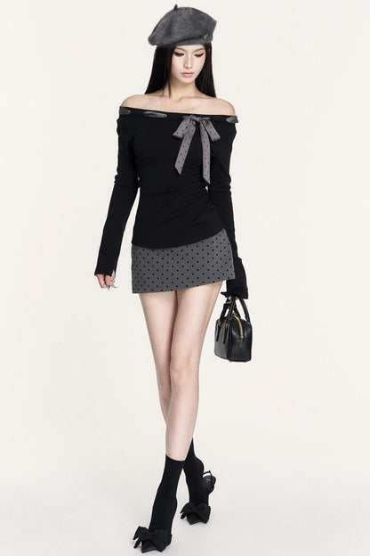 French Retro Polka Dot Lace-Up Long-Sleeved T-Shirt