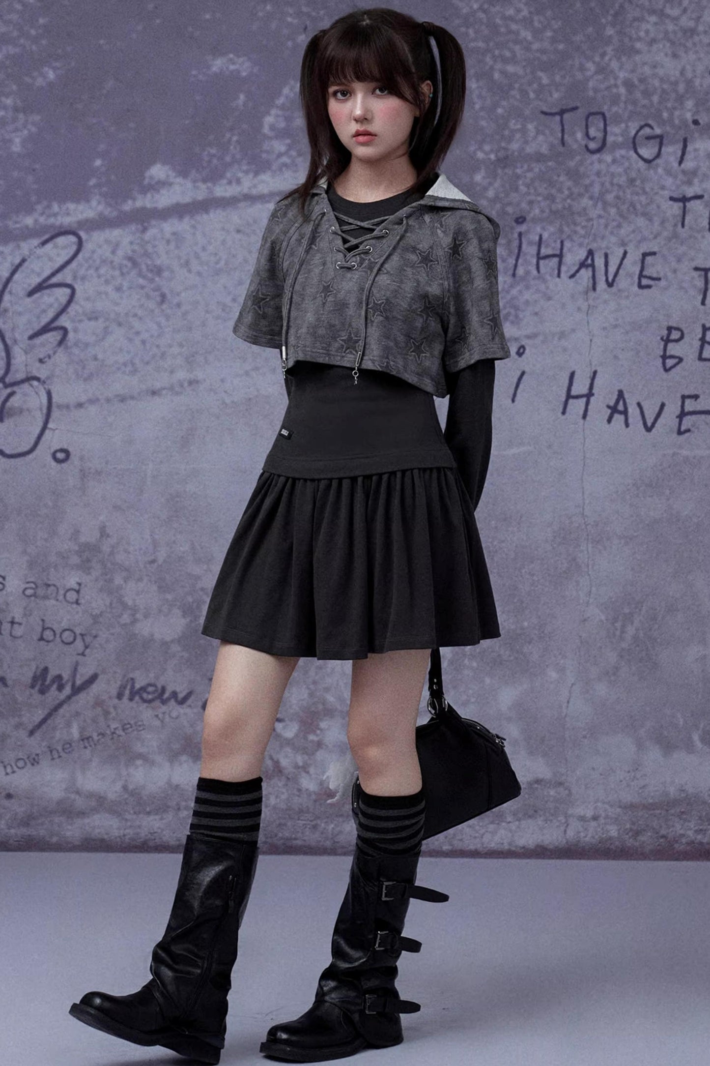 Gray Star Cat Ear Dress Set