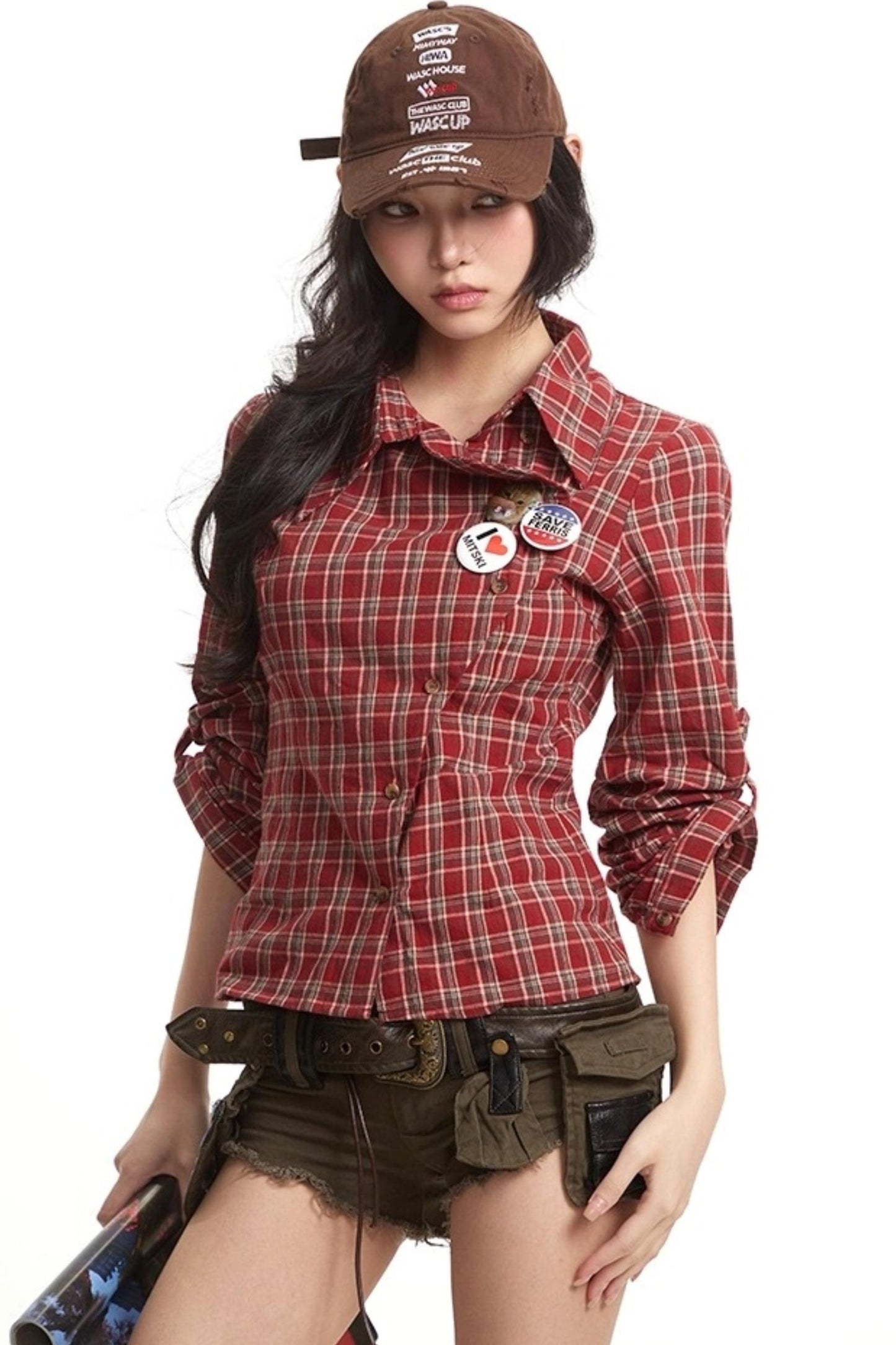 Loose Fit Waist-Tightening Plaid Shirt