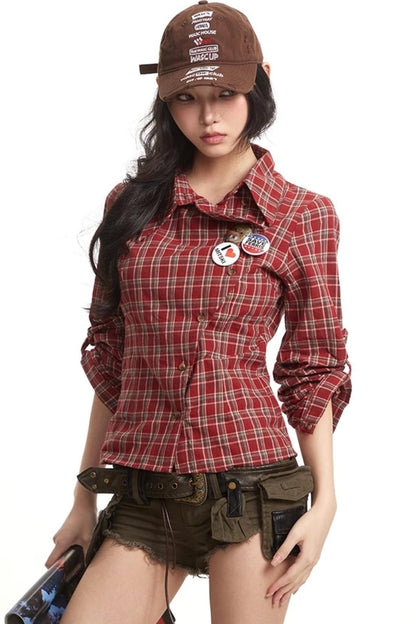 Loose Fit Waist-Tightening Plaid Shirt