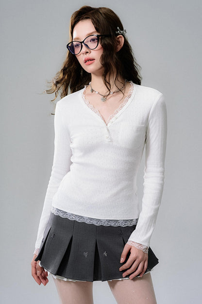 Lace-Trimmed V-Neck Henley Top
