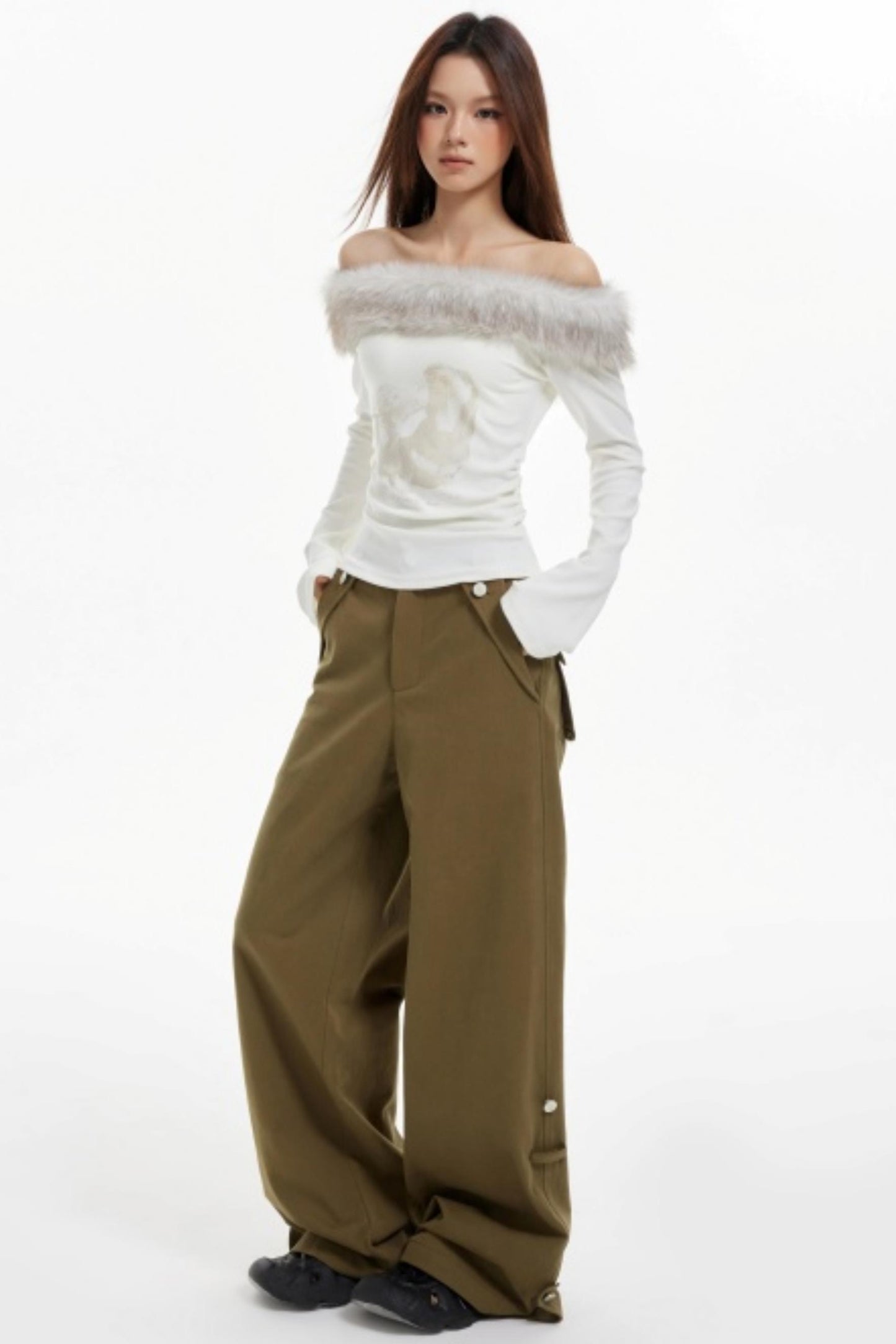 Off-Shoulder Fur Collar Slimming Sleeve Top