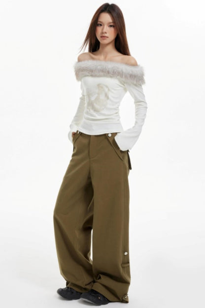 Off-Shoulder Fur Collar Slimming Sleeve Top