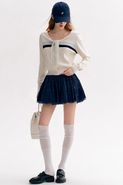 Navy Tie Shawl Contrast Sweater