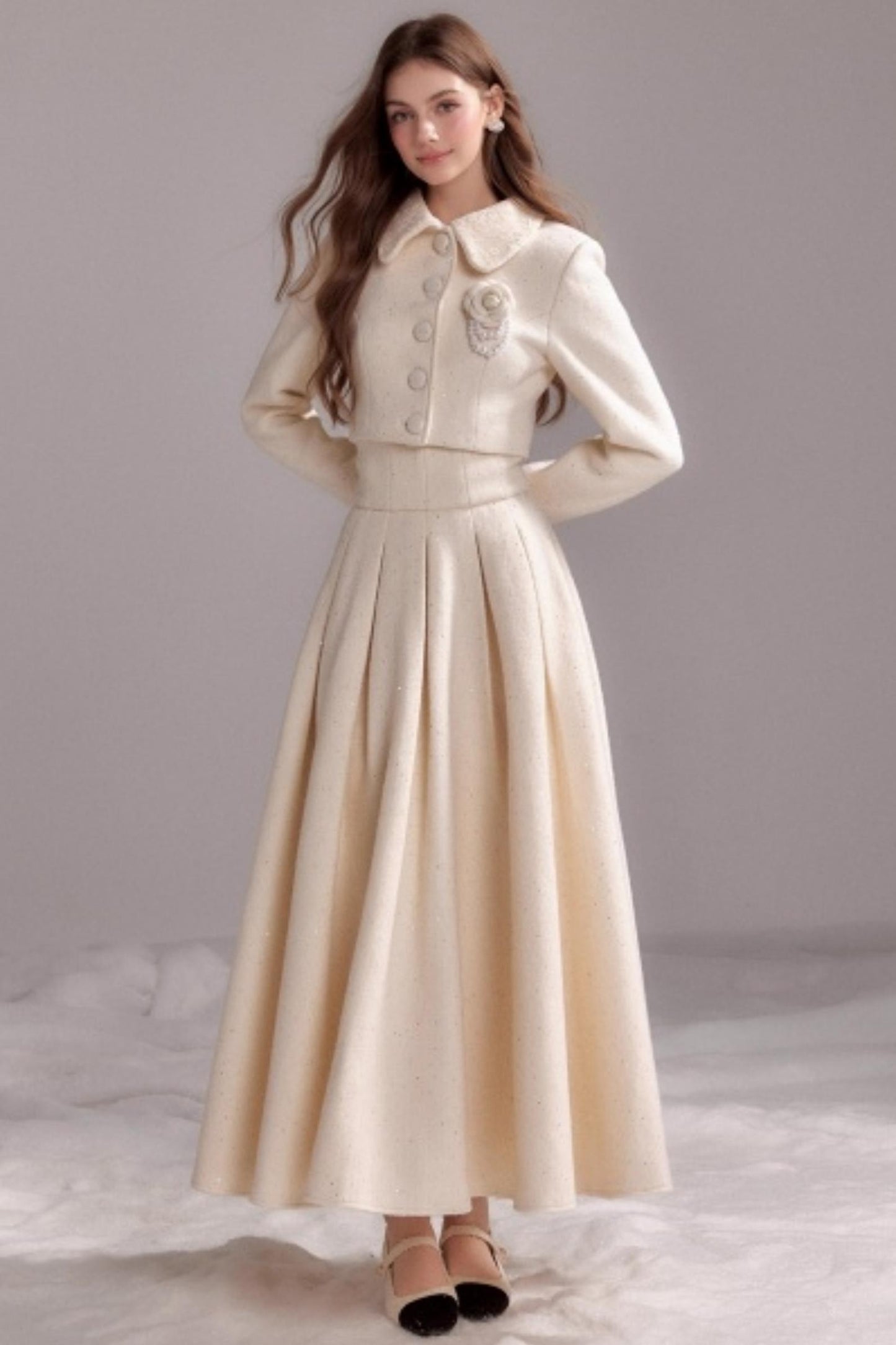 Thin Glitter Lapel Top & Pleated Skirt Set-Up