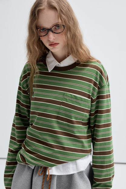 Contrast Stripe Retro Crew Neck Top Set-Up