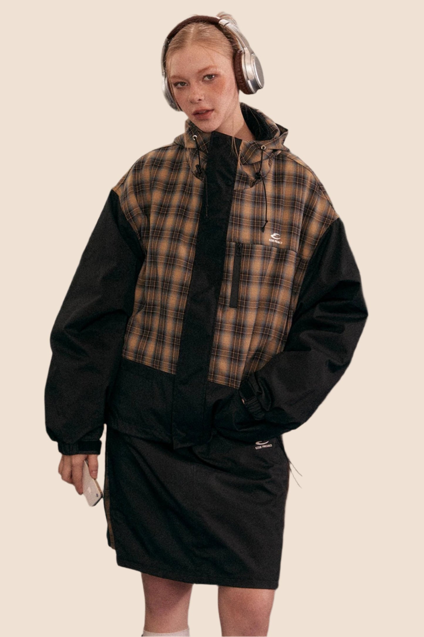 Retro Plaid Stitching Hooded Jacket Set-UP