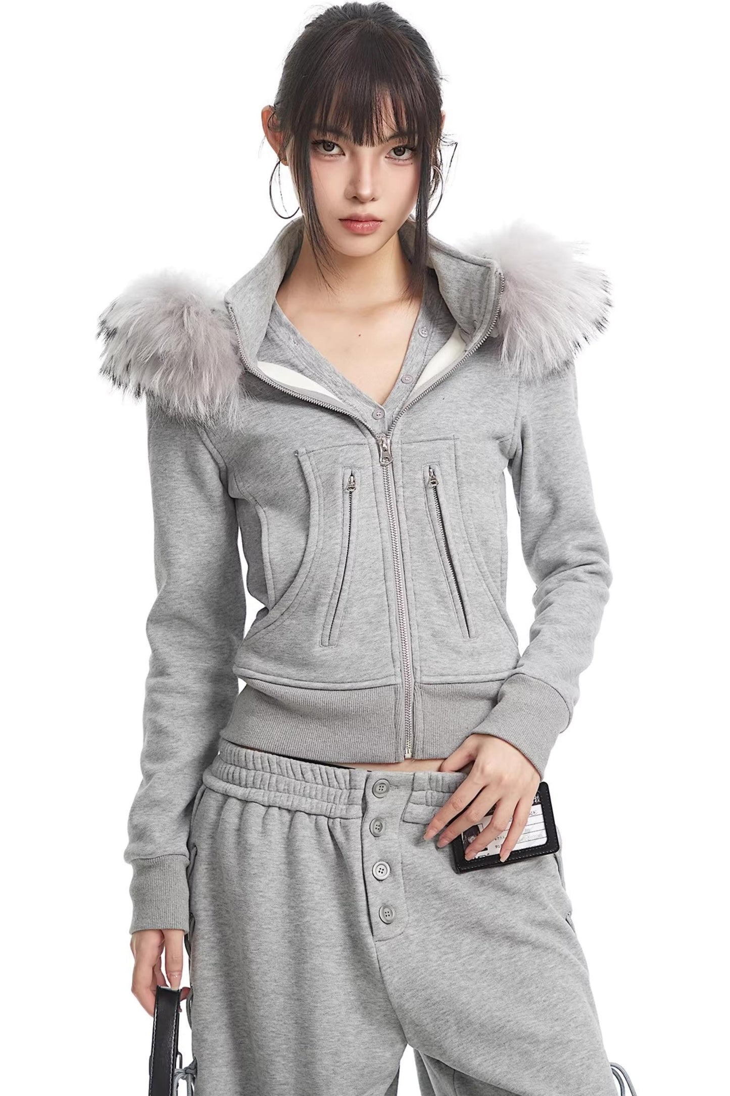 Korean Fur Collar Hooded Jacket Set-Up