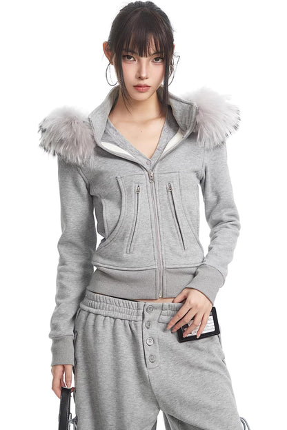 Korean Fur Collar Hooded Jacket Set-Up
