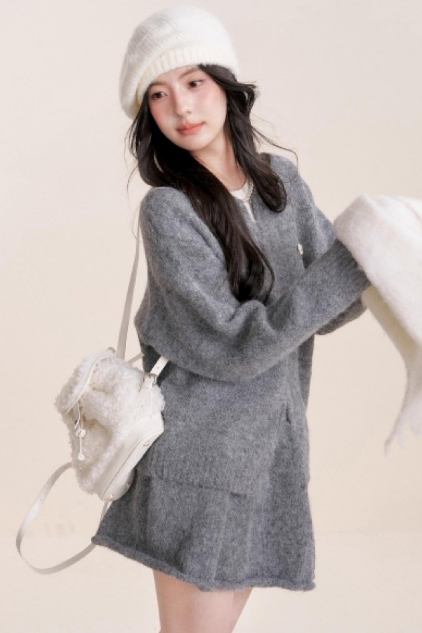 Winter Gray Knitted Cardigan Set-Up