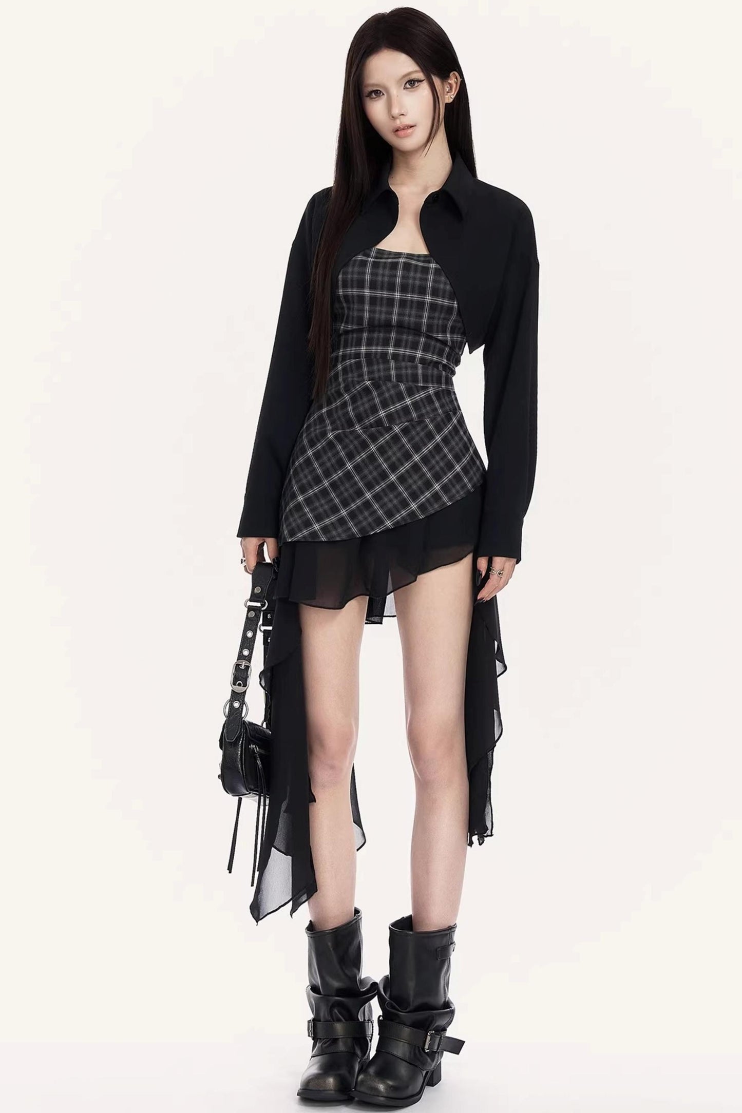 Irregular Ruffle Plaid Dress