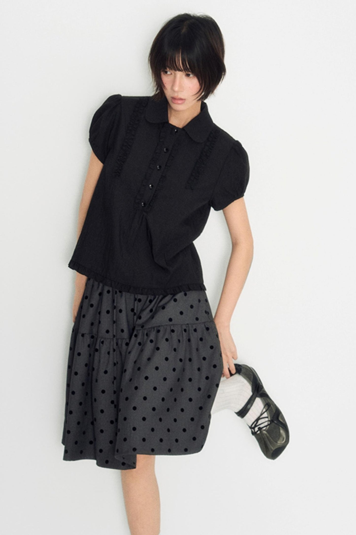 Flocked Polka Dot Umbrella Retro Skirt Set-Up