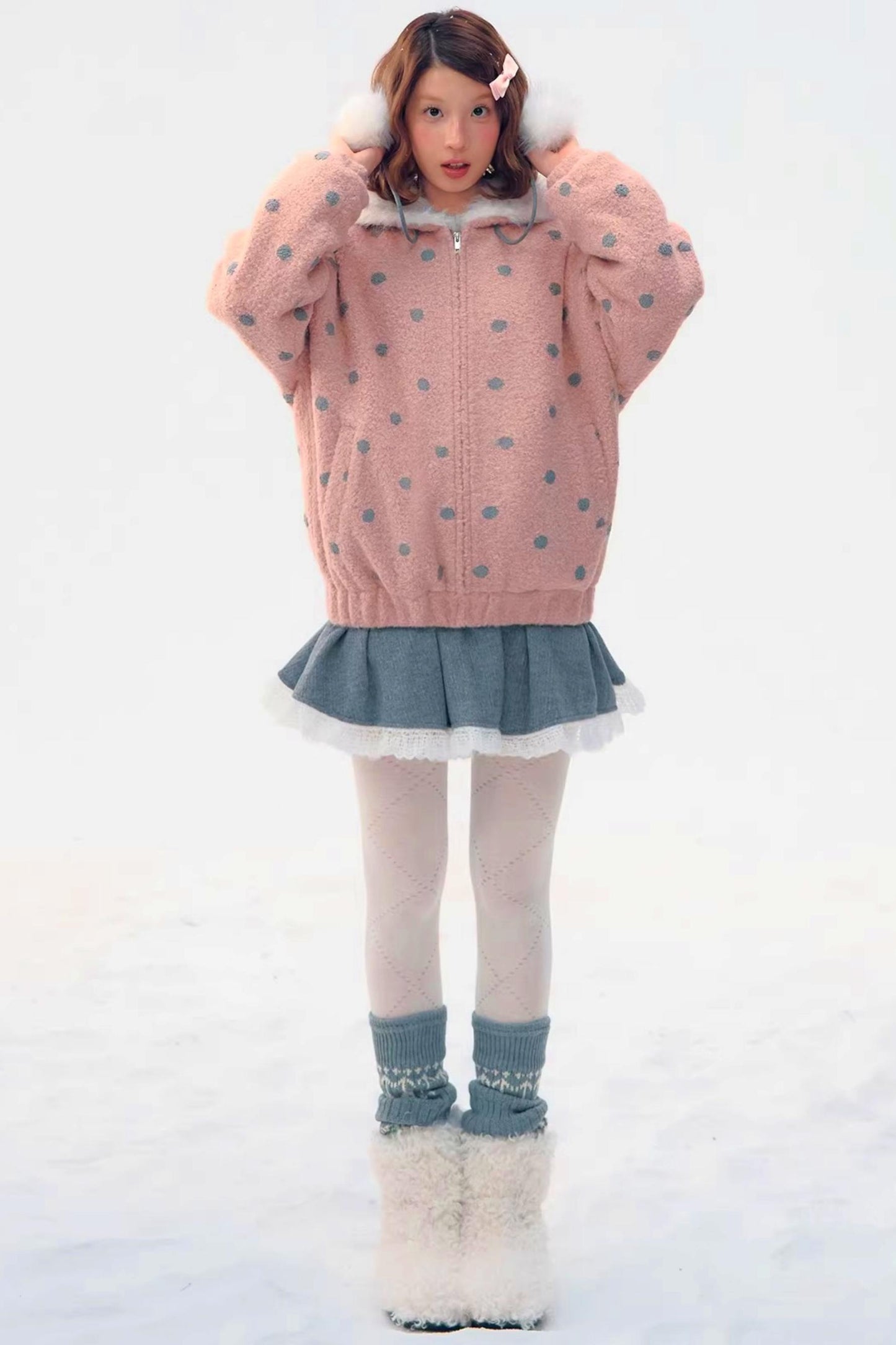 Pink Gray Polka Dot Hooded Jacket