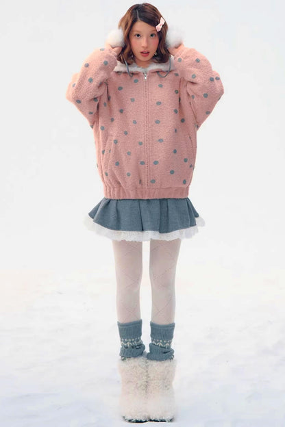 Pink Gray Polka Dot Hooded Jacket