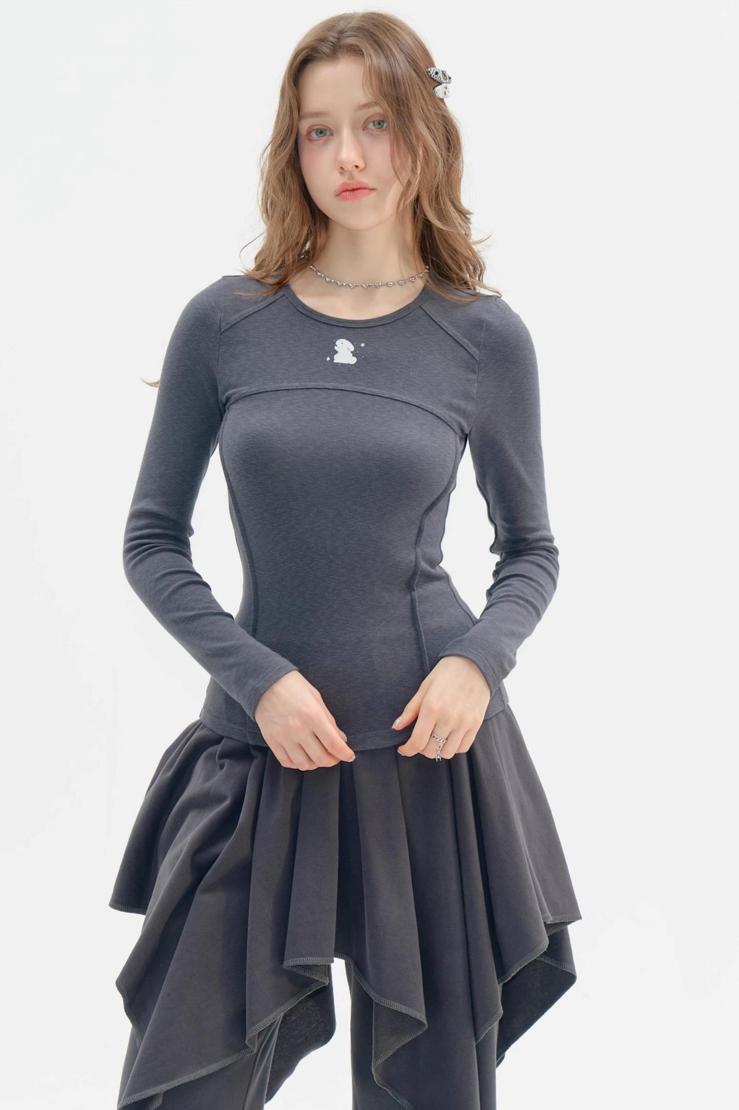 롱 슬리브 레트로 토끼 티셔츠 