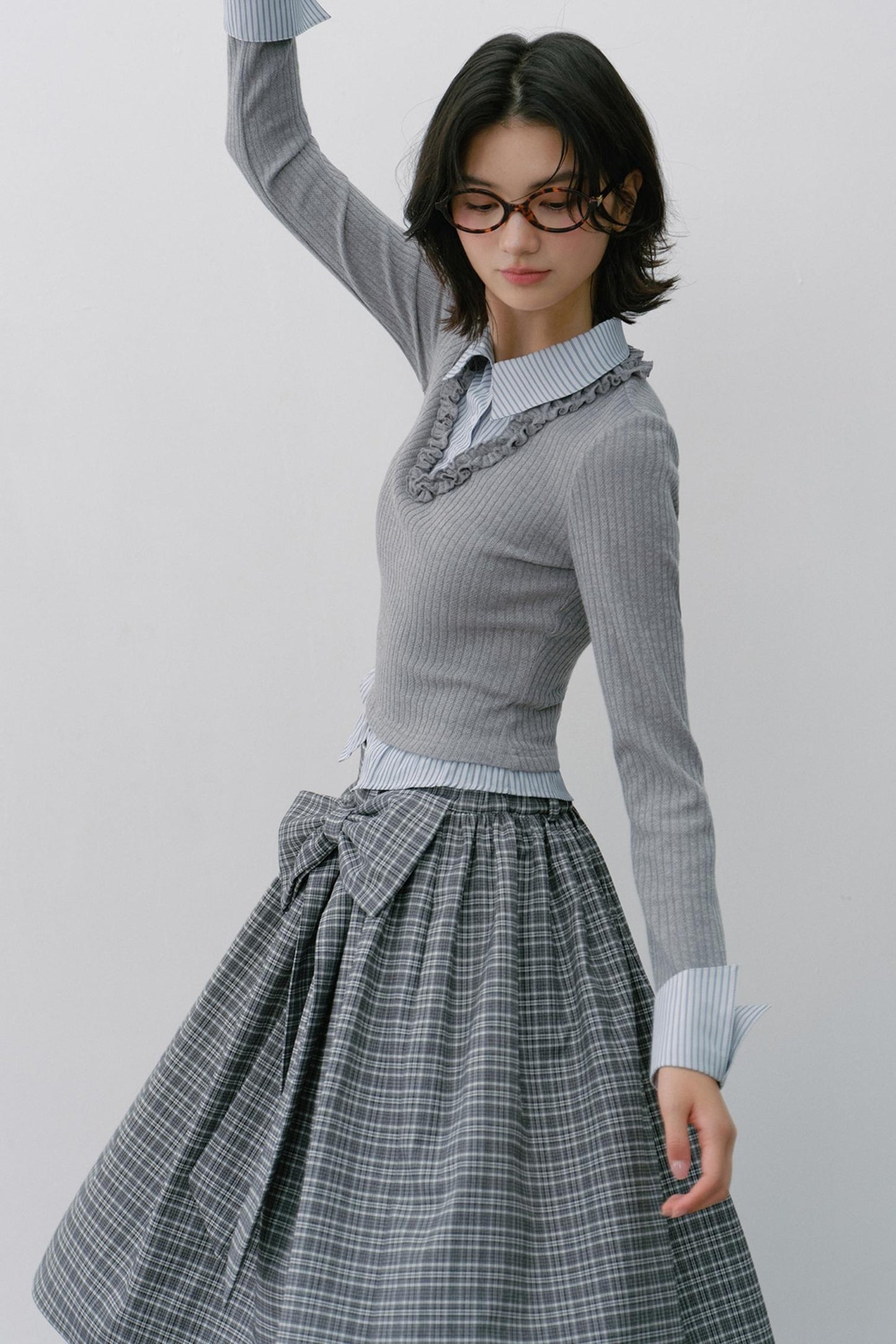 Gray Knit Patchwork Vertical Striped Fungus Edge Top